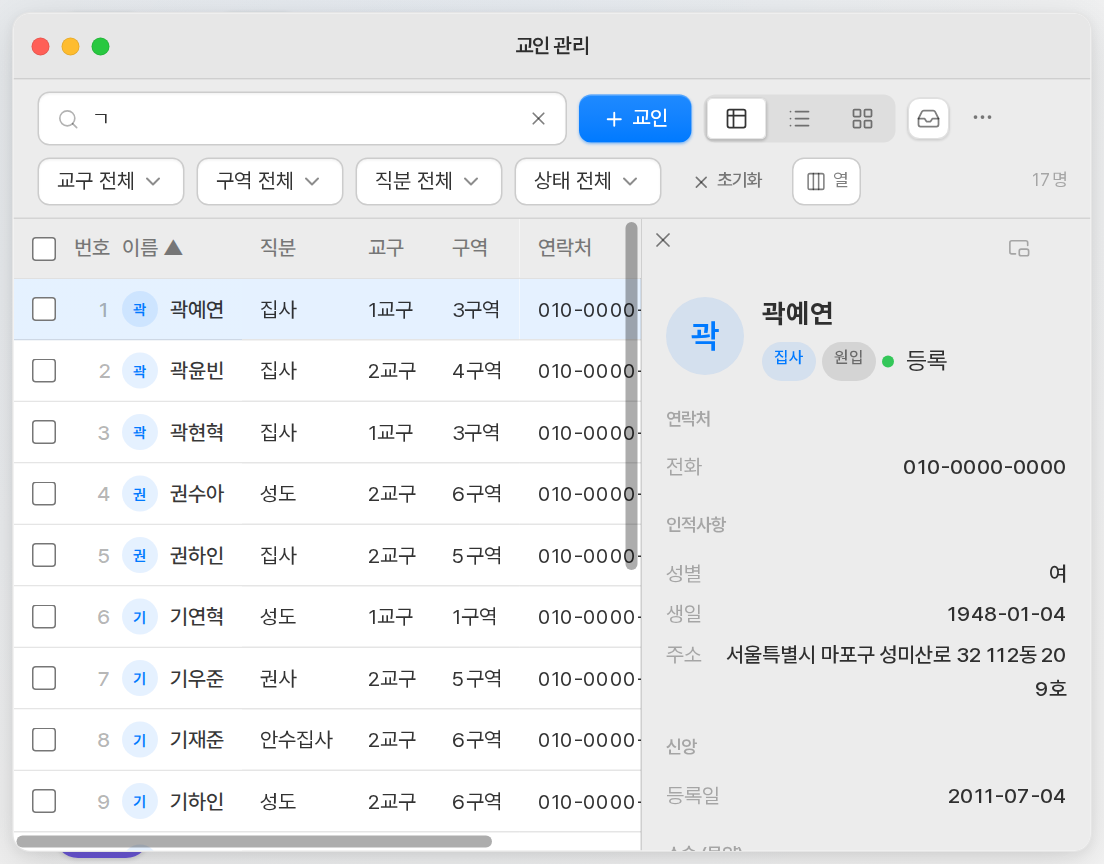 한 사람을 누르면 자세히 보입니다