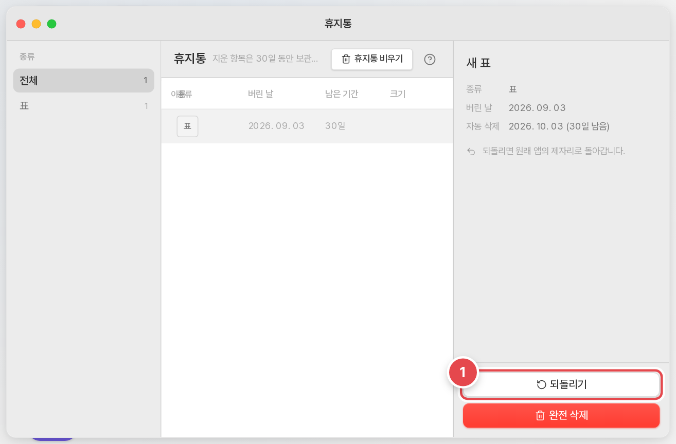 되살리려면 항목을 누르고 [되돌리기]